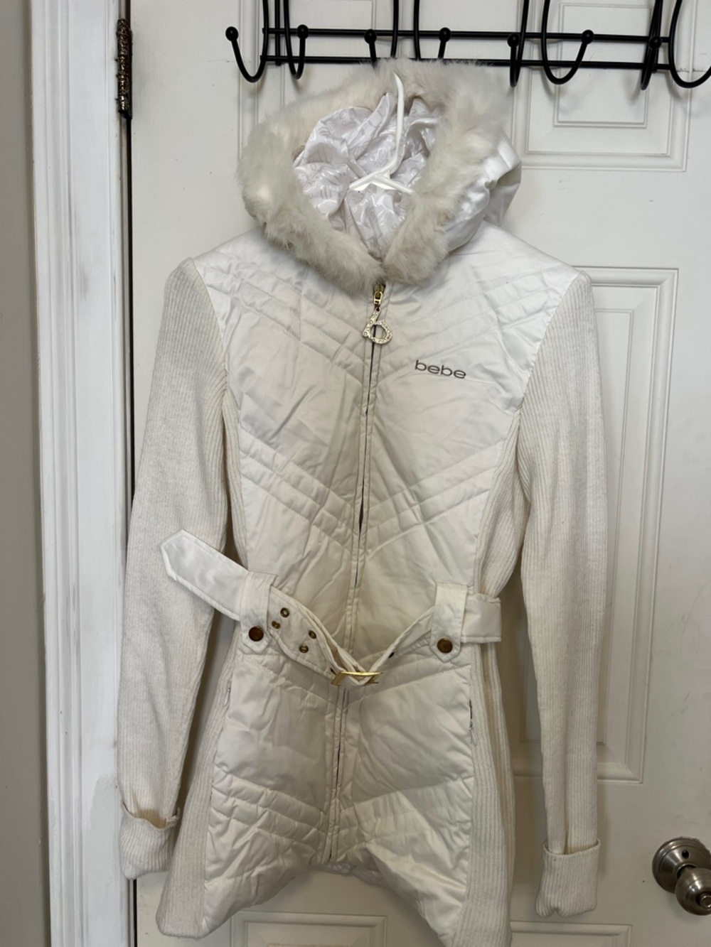 Bebe Ivory Quilted Hooded Puffer Coat with Faux Fur Trim